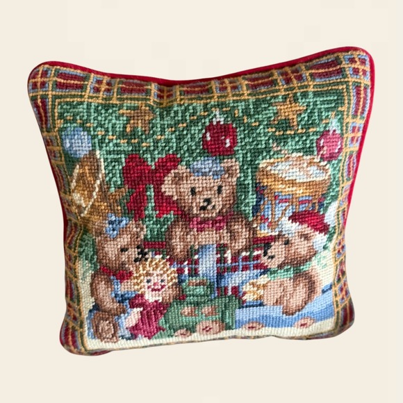 Other - Vintage Christmas Needlepoint Teddy Bear Throw Pillow Red Velvet Plaid 9x9